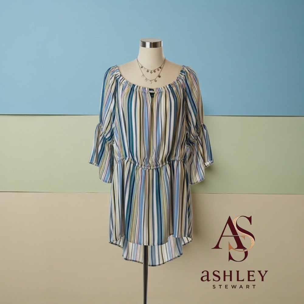 Ashley Stewart Striped Off Shoulder Bell Sleeve High Low Tunic Top Plus 18/20